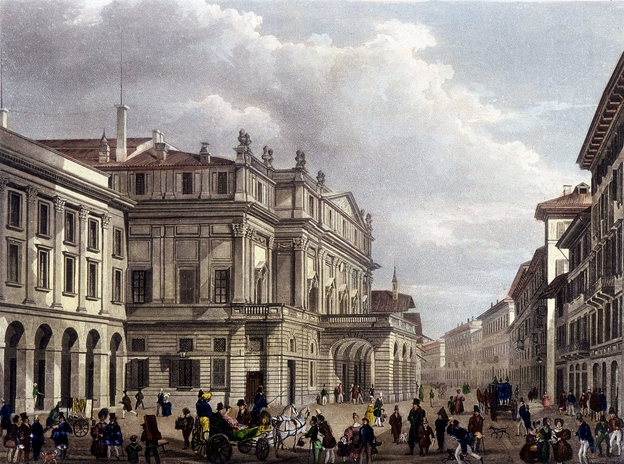 O Teatro alla Scala, em Milão, no início do século XIX. Gravura da época. Museo della Scala de Milão de Unknown artist