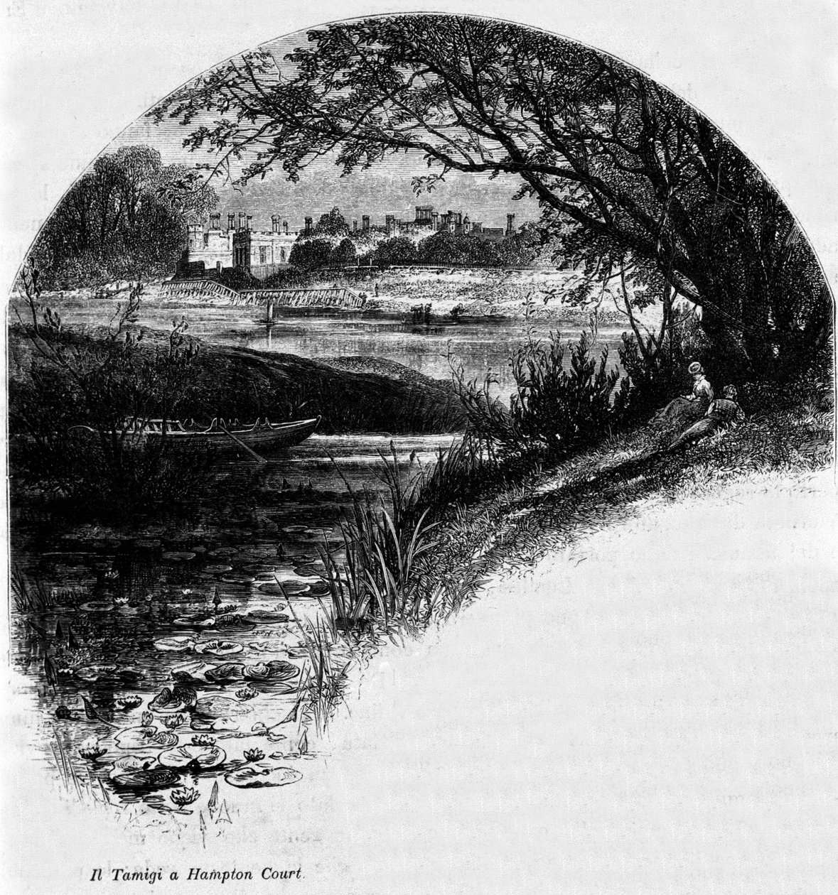 O Tamisa em Hampton Court: Palácio Hampton Court, antiga residência do Rei Henrique VIII de Inglaterra. Gravura do século XIX. de Unknown artist
