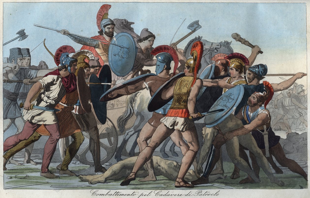 A Guerra de Tróia - Batalha pelo corpo de Patroclus - gravura de "Usos e costumes de todos os povos do Universo". Ou História do Governo, Leis, Milícias, Religião de todas as Nações desde os tempos mais remotos até ao dia de hoje" 18 de Unknown artist