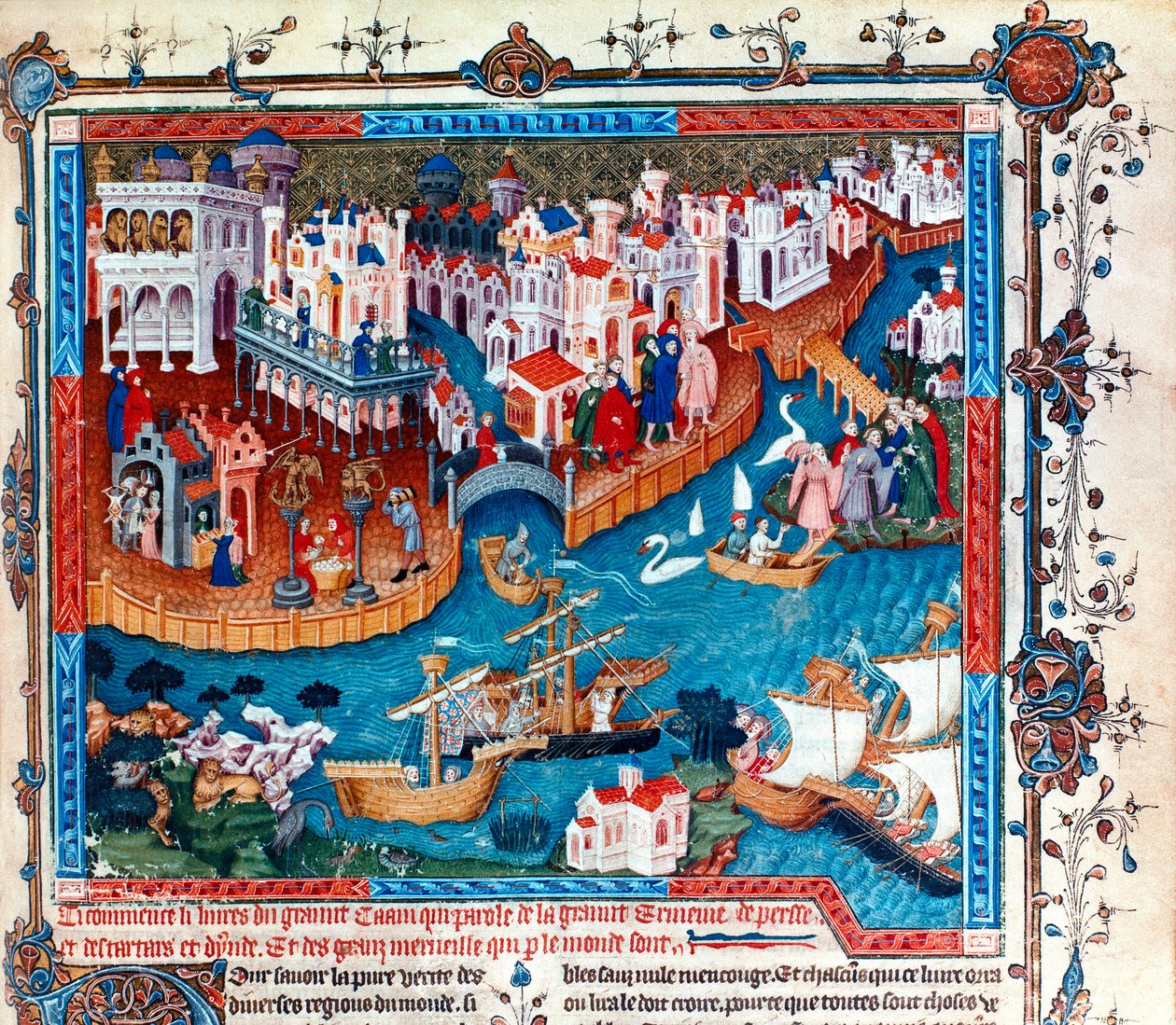 O explorador veneziano Marco Polo, deixou a cidade de Veneza com seu pai e tio em 1271: seguiu para o Extremo Oriente e tomou a Rota da Seda, em miniatura. de Unknown artist