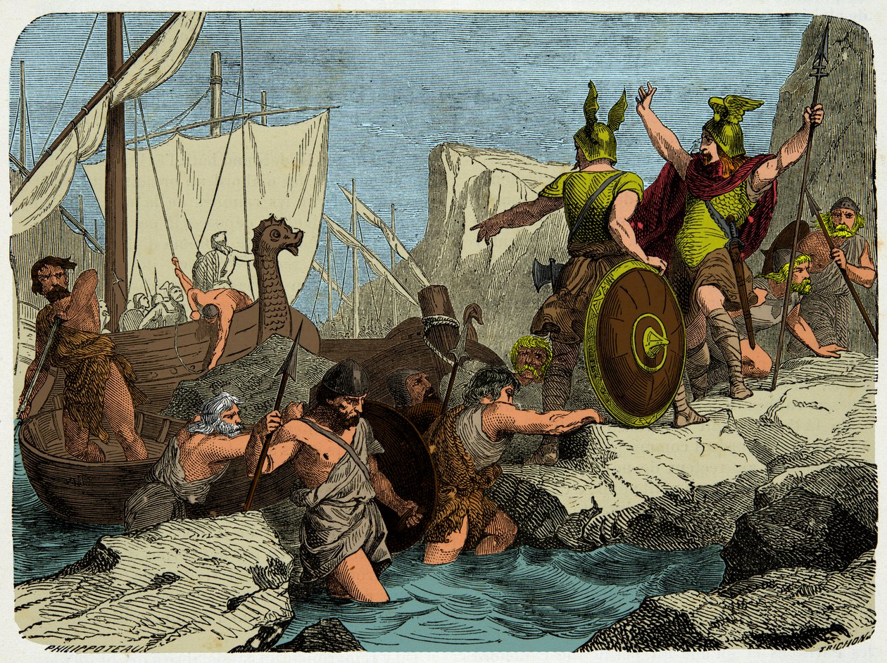 Os Vikings descascam na costa francesa em 911, gravura do século XIX de Unknown artist