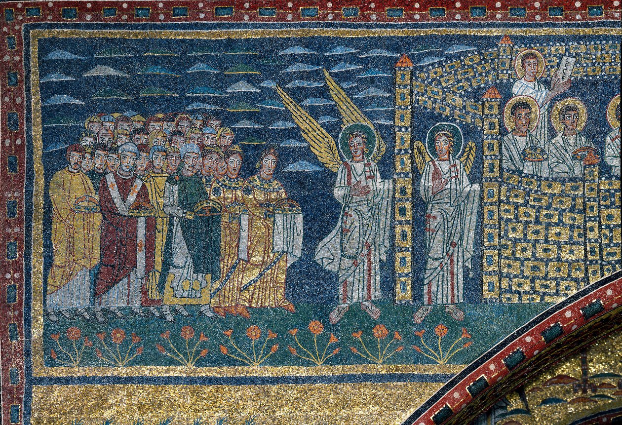 A Visão de Jerusalém Celestial: Os Eleitos dirigem-se para a cidade guardados por anjos. Detalhe. Mosaico por volta de 830. Arco Triunfal da Basílica de Santa Prassede, Roma. de Unknown artist