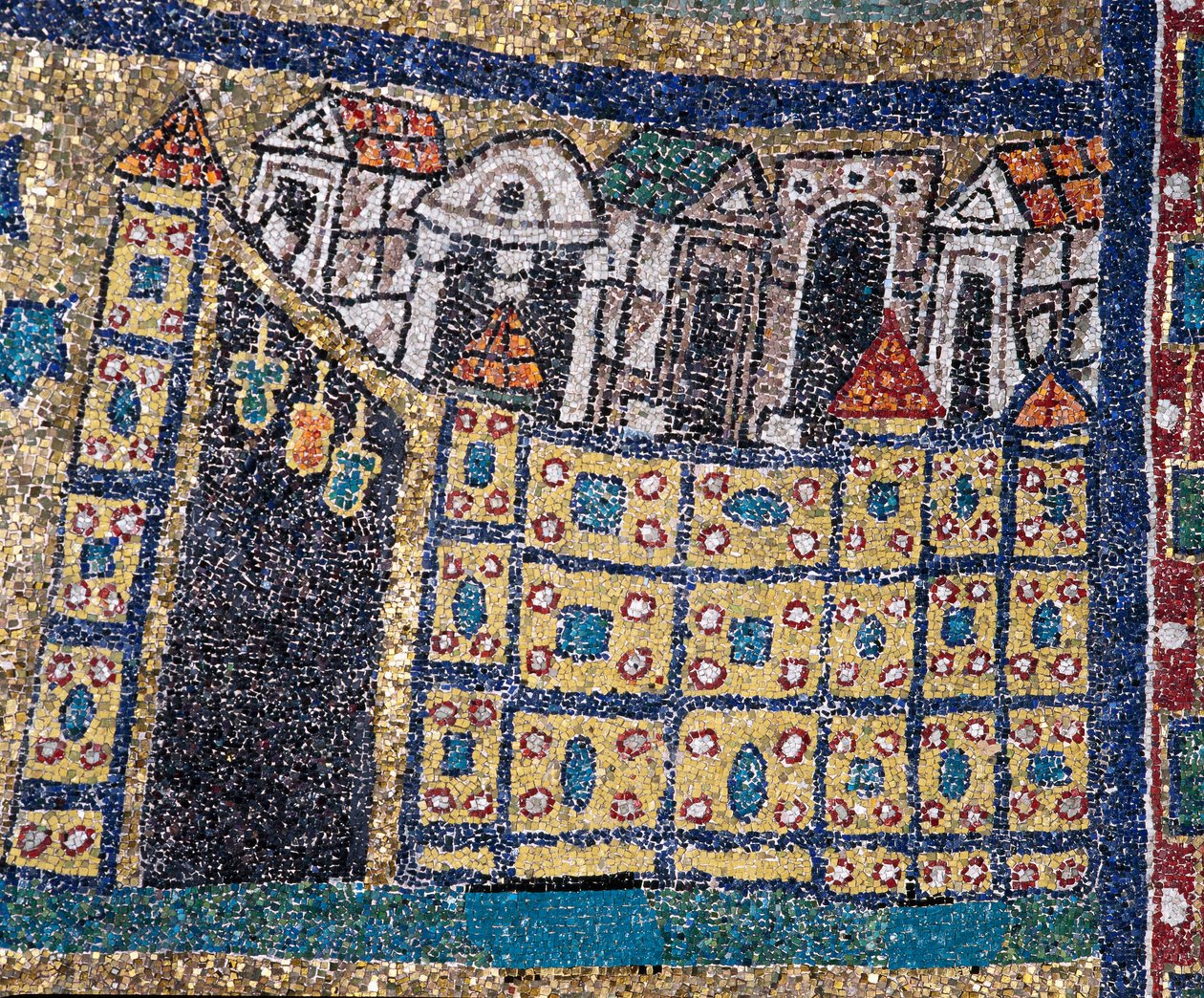 A Visão de Jerusalém Celestial: detalhe de Jerusalém representado em citação fortificada. Mosaico por volta de 830. Arco Triunfal da Basílica de Santa Prassede, Roma. de Unknown artist