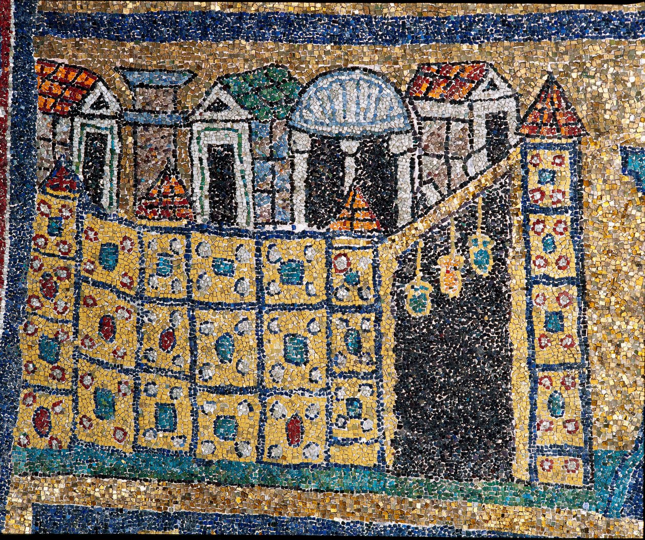 A Visão de Jerusalém Celestial: detalhe de Jerusalém representado em citação fortificada. Mosaico por volta de 830. Arco Triunfal da Basílica de Santa Prassede, Roma. de Unknown artist