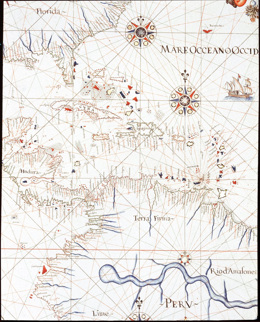 As Índias Ocidentais: Flórida, Honduras, Cuba, Peru e Caribe (Detalhe do Portulan de Castellini de Unknown artist