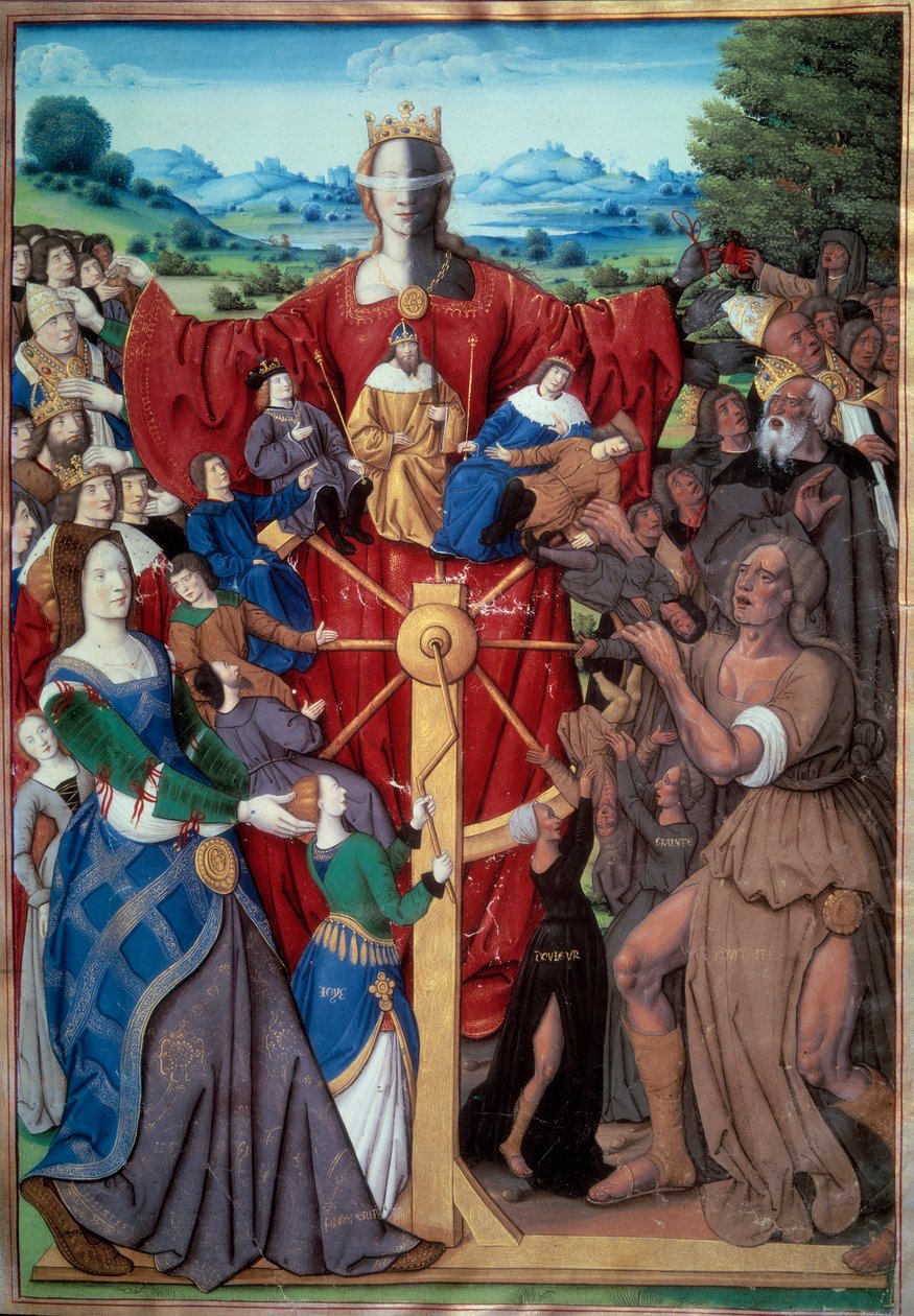 A Roda da Fortuna Um movimento ascendente e descendente da Fortuna que, na vida dos homens, tem o poder de fazê-los reis ou de fazê-los cair na desgraça. Miniatura tirada de "Remédio de uma e outra fortuna" (De remediis utriusque fort de Unknown artist