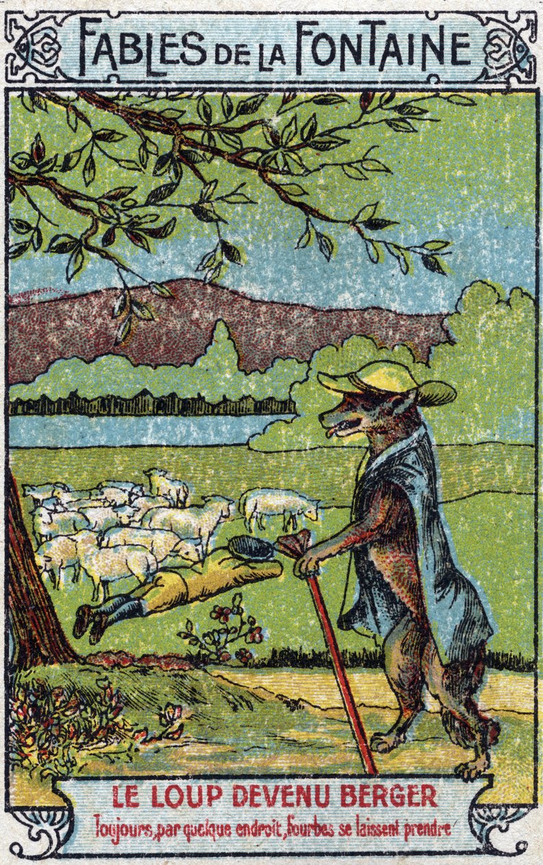O Lobo tornou-se Berger - Fábulas de Jean de La Fontaine (1621-95) - Cromolitografia do final do século XIX Coleção Particular de Unknown artist