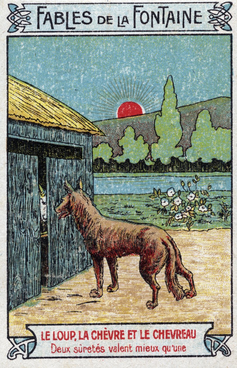 The Wolf, the Cheve and the Goat - Fábulas de Jean de La Fontaine (1621-95) - Cromolitografia do final do século XIX Coleção Particular de Unknown artist