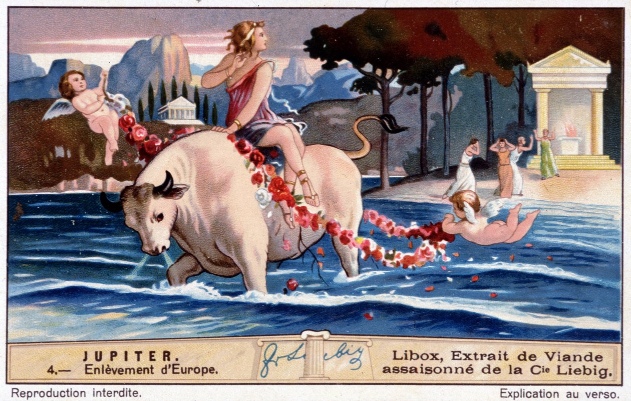 O rapto da Europa por Júpiter, parece um touro branco - Libox chromolithography, produziu Liebig de Unknown artist