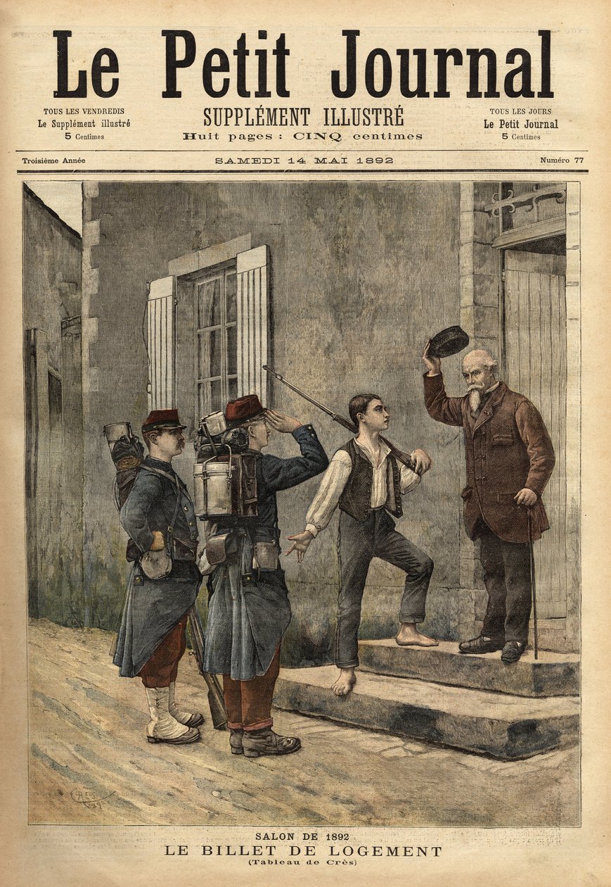 O bilhete de alojamento, que corre durante o período napoleônico, é fornecido pelo exército aos seus soldados, e leva o nome e a localidade de uma determinada carga aos soldados heberger no campo. Gravura depois de um quadro de Cres, em "Le petit journal de Unknown artist