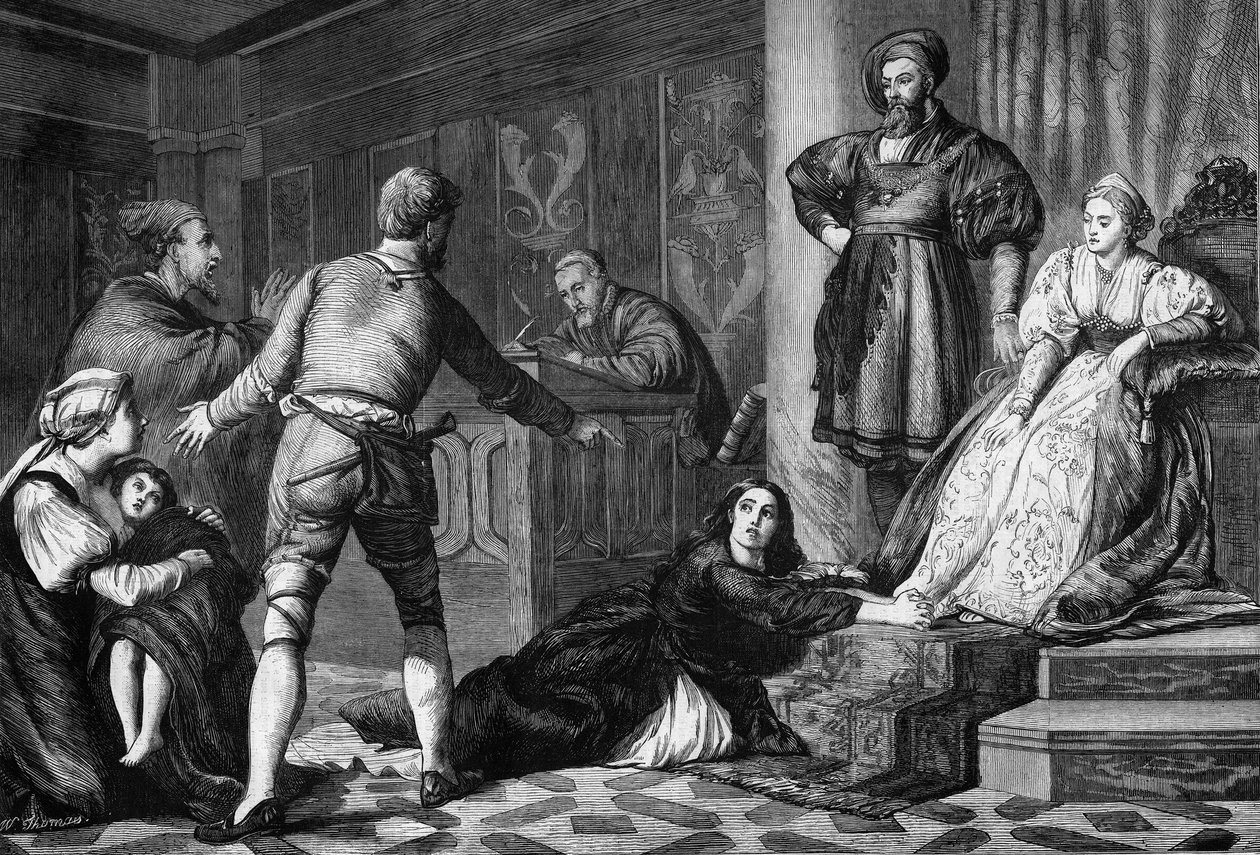 O judeu acusado. Heresie no século XV: julgamento de uma judia acusada de bruxaria sobre uma criança doente. Gravura depois da pintura de Hogson Gravura em "O Universo Ilustrado". de Unknown artist
