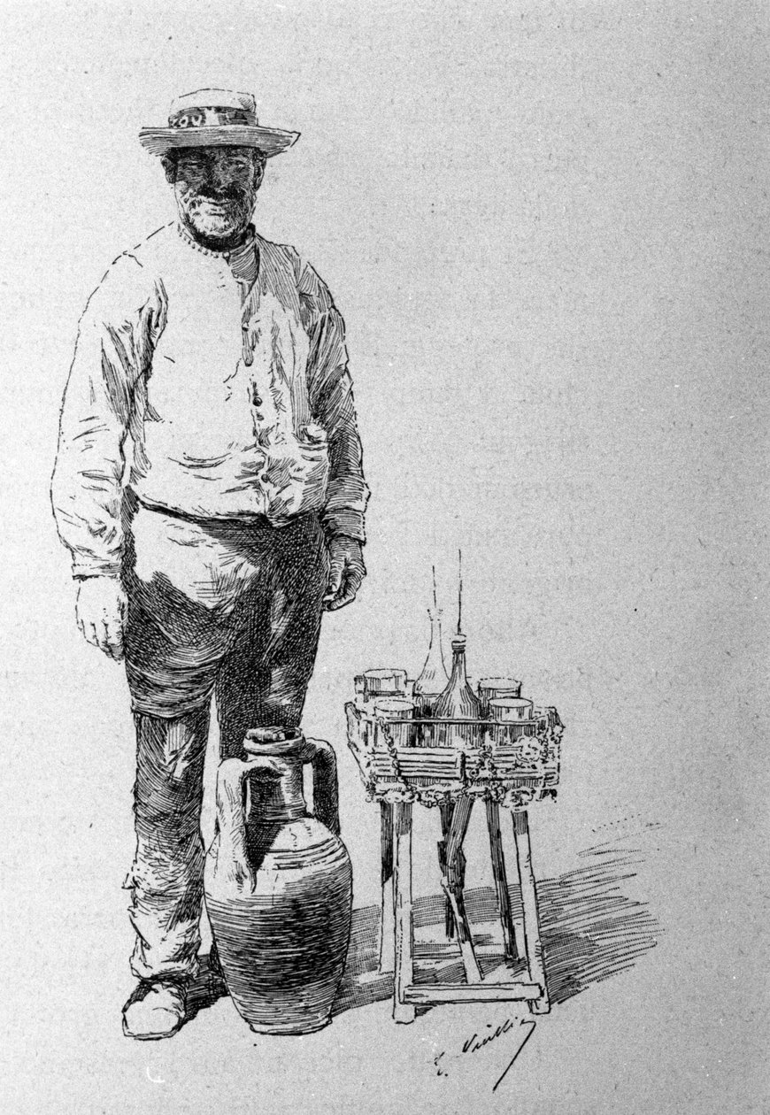 O acquaiolo: o carregador de água na Sicília, ele foi de casa em casa para distribuir água aos habitantes. A gravura do século XIX de Unknown artist
