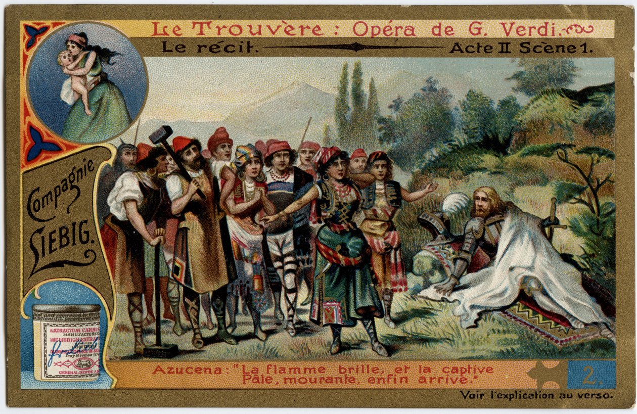 O acto II cena 1. Ilustração para a ópera "O achado" (Il trovatore) de Giuseppe Verdi (1813-1901). Cromolitografia (Chromo) Liebig do final do século XIX. de Unknown artist