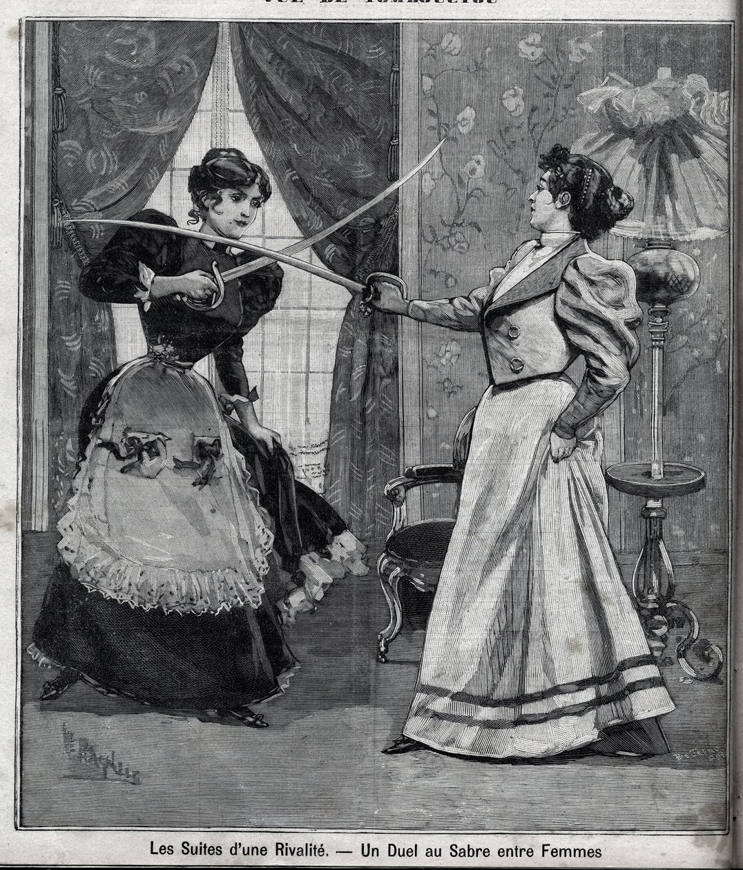 O rescaldo de uma rivalidade: um duelo de espadas entre mulheres. A gravura em "Le Parisien". de Unknown artist