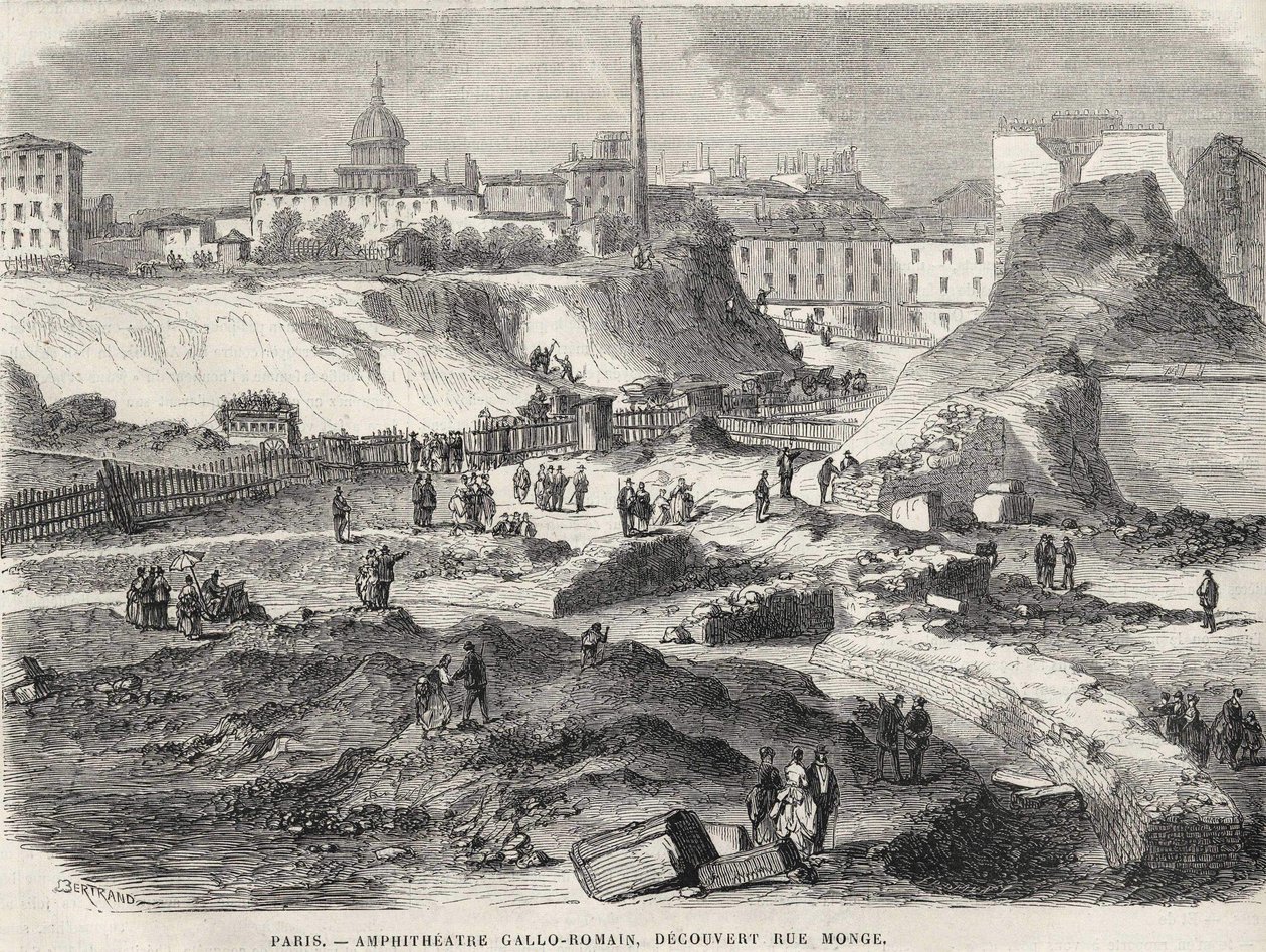 O anfiteaturgo Gallo Romain descobriu na Rue Monge em Paris em 1870, hoje os Arenes de Lutèce. Gravura do século XIX. de Unknown artist