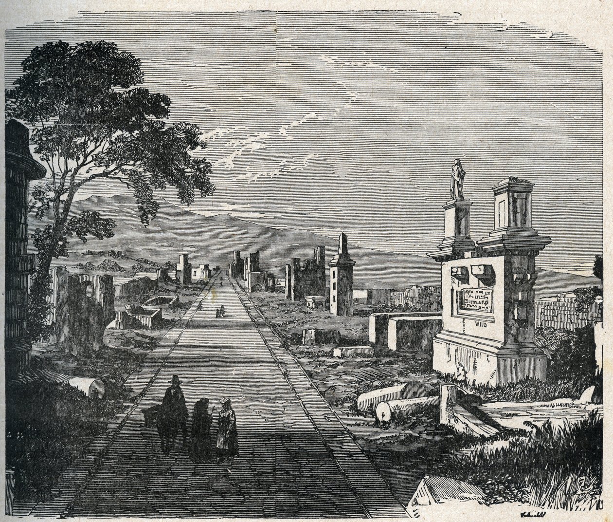 A antiga rota dos Ápia, via appia atravessando os pântanos dos pontinos (Agro pontino) perto de Roma. Gravura do século XIX. de Unknown artist