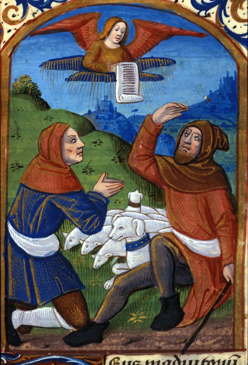 O anjo anuncia aos pastores o nascimento de Jesus. Manuscrito do século XV. Biblioteca Nazionale Braidense, Milão de Unknown artist