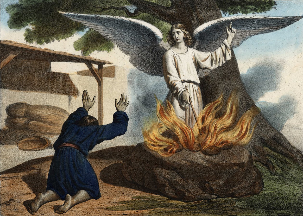 O anjo que aparece em Gideon (Gideão) para libertar o povo de Israel da ocupação dos Madianitas. Gravura anónima de meados do século XIX. de Unknown artist