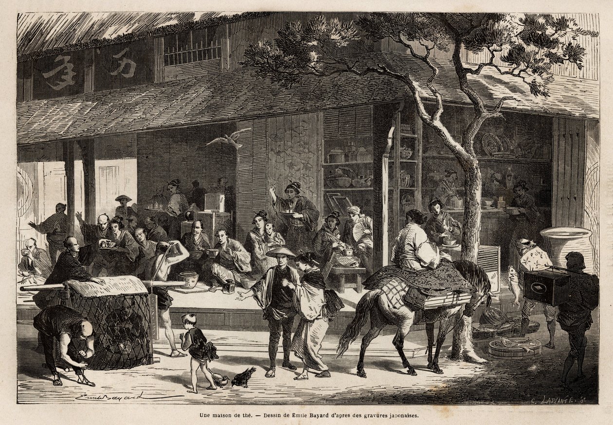 A animação de uma casa e as atividades da rua. Gravura para ilustrar a viagem ao Japão, em 1863-1864, de Aime Humbert, ministro da Confederação Suíça, no "Le tour du monde, nouveau journal des voyages" publicado sob a direção de Unknown artist