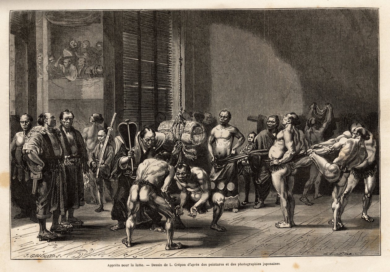 As apreensões pela luta de sumo, os atletes aquecem, esticam, se estilizam e se concentram antes de lutar. Gravura para ilustrar a viagem ao Japão, de Aime Humbert, ministro da Confederação Suíça, em 1863-1864, publicada em "le tour du monde", de Unknown artist