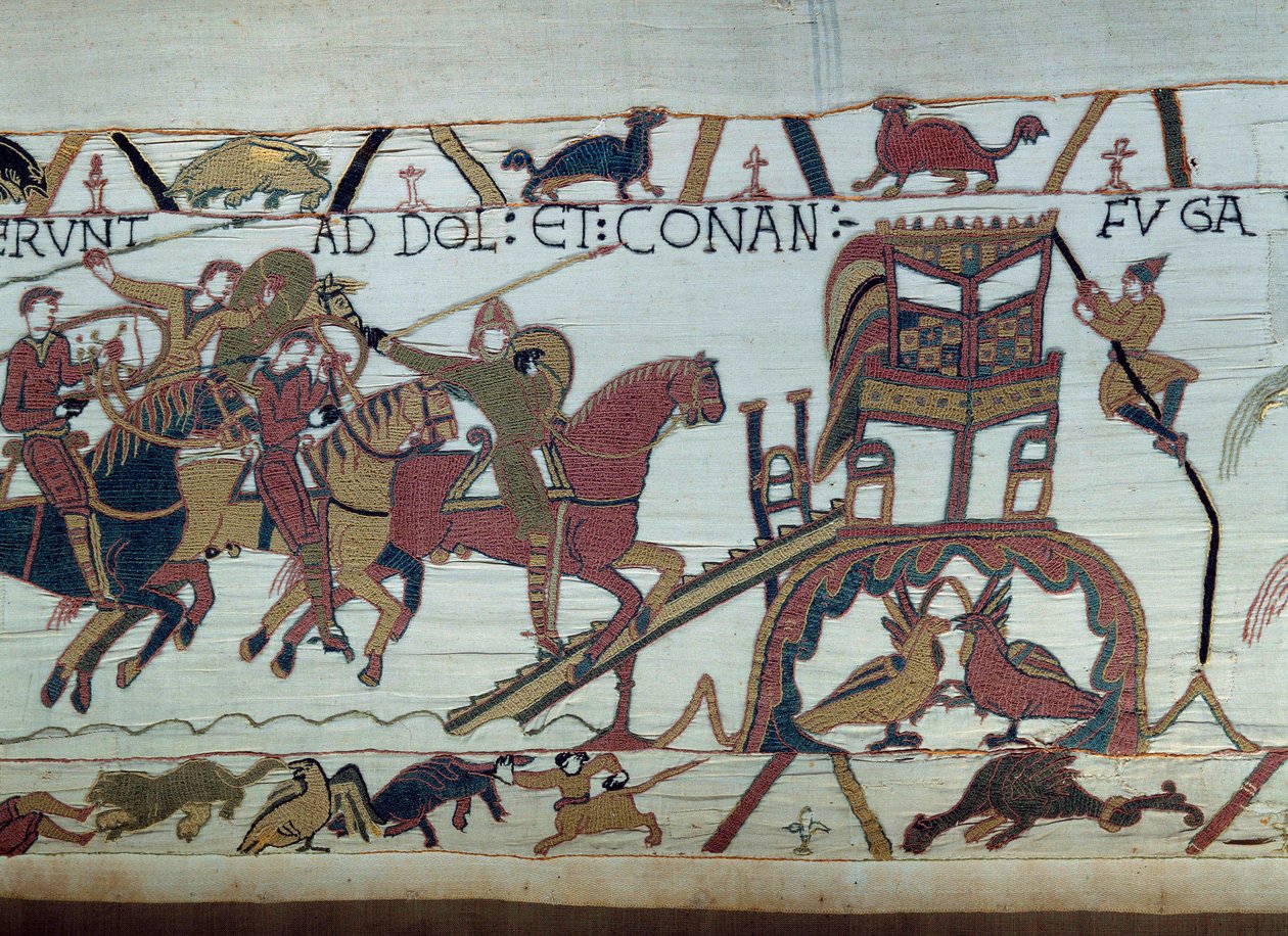 As armees de Guilherme o Conquistador (1027-1087) foram lutar contra o Duque da Bretanha, chegando a Bayeux. Haroldo acaba de ser nomeado cavaleiro por Guillaume Detalhe da Tapeçaria Bayeux ou Bordado da Rainha Mathilde. de Unknown artist