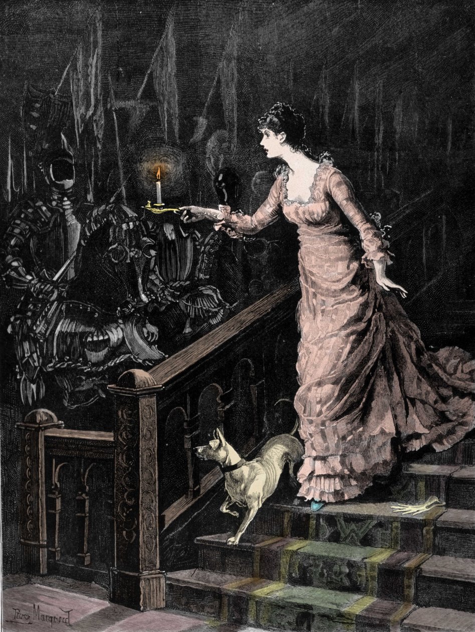 A armaria assombrada: uma jovem mulher desce os degraus de uma escada e dirige a vela que segura na mão em direção a um conjunto de armaduras. Ilustração do final do século XIX de Unknown artist