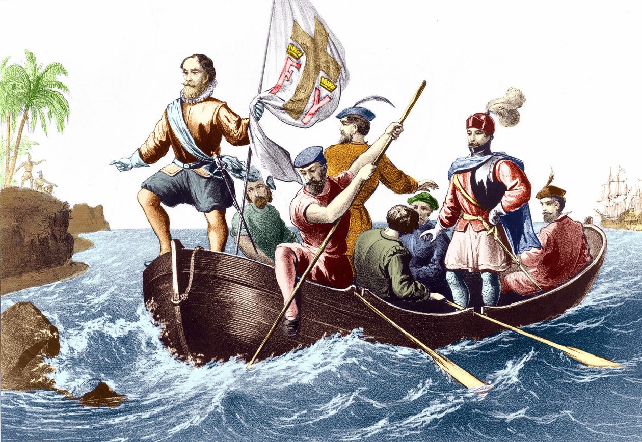 A chegada de Cristóvão Colombo a San Salvador em 12/10/1492. Gravura v. 1876. de Unknown artist