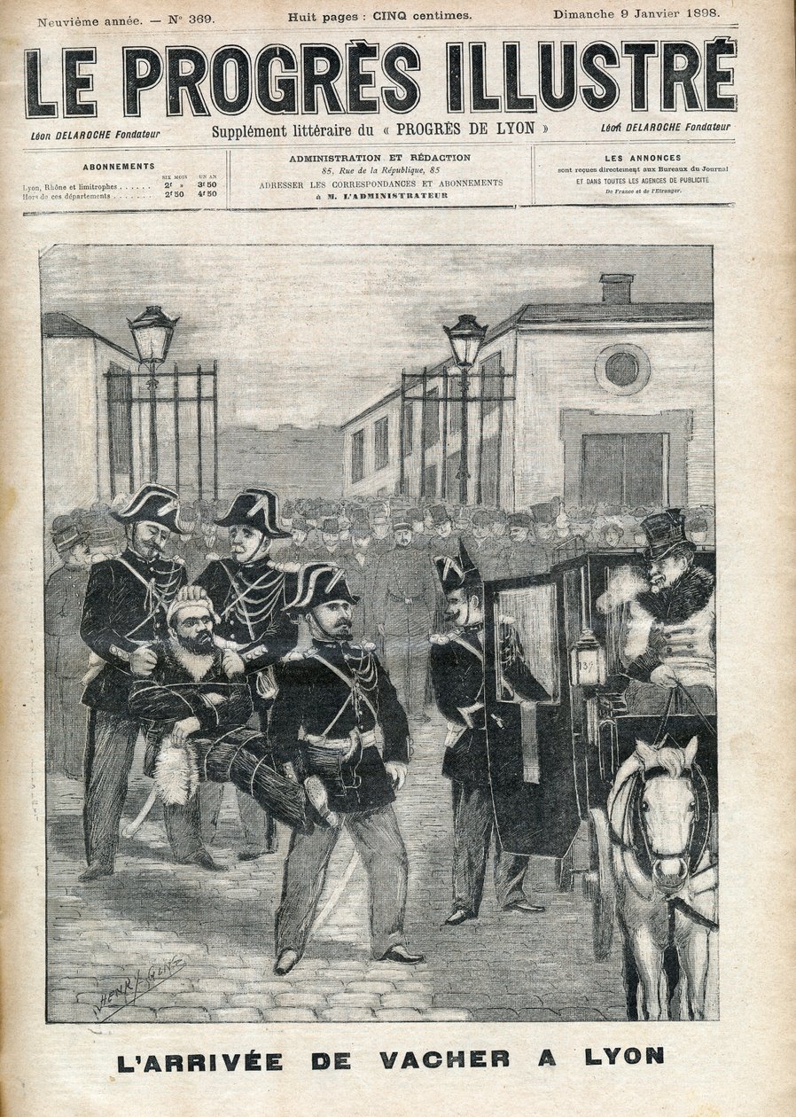 A chegada de Joseph Vacher "assassino de pastores" (1869-1898) à prisão de Lyon em 1898 - cobertura de "The progressive-illustrious" de 9 de Janeiro de 1898 de Unknown artist