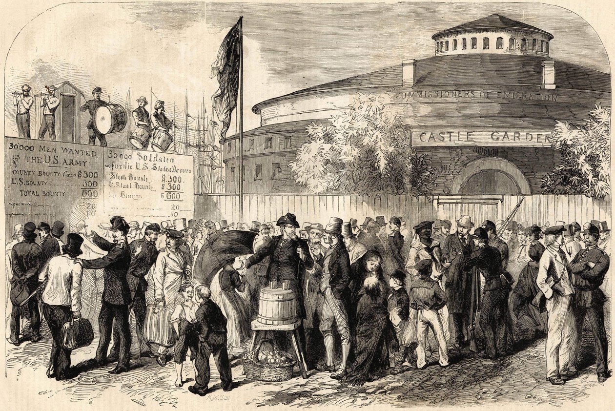 A chegada dos emigrantes a Nova York em abril de 1865. Desenho do Sr. Shanly. Gravura do século XIX. de Unknown artist