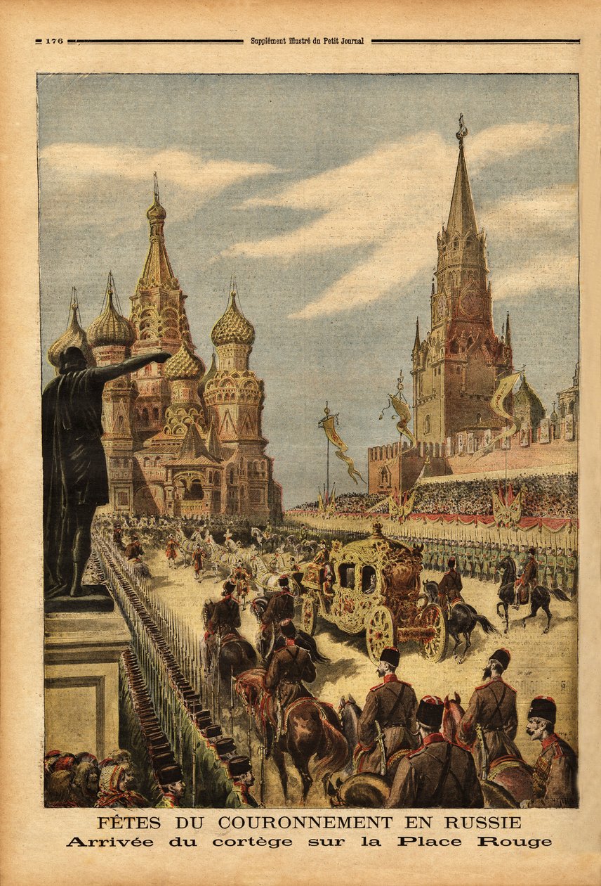 A chegada do cortejo à Praça Vermelha (Moscou), por ocasião da coroação do czar Nicolau II (1868-1918). Gravação no "Le petit journal" 31/05/1896. A coleção de Selva. de Unknown artist