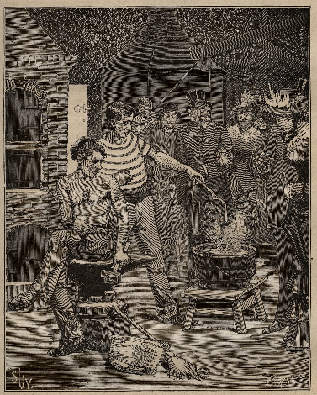 A arte do vidro: experiência de lágrimas batávicas. Gotas de vidro derretido são lançadas num banho de água fria, que congelam sob a forma de lágrimas. Gravura de 1885 em "Les arts et metiers illustres" de Adolphe BITARD. de Unknown artist