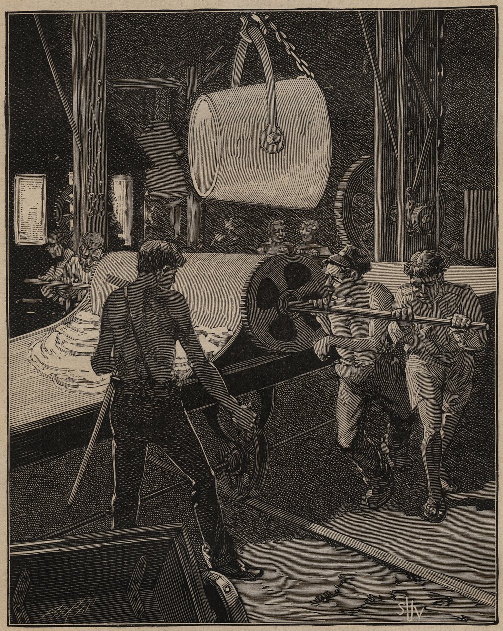 A arte do vidro: fazer sorvete. O passo chamado "o grande fluxo". Gravura de 1885 em "Les arts et metiers illustres" de Adolphe BITARD. de Unknown artist