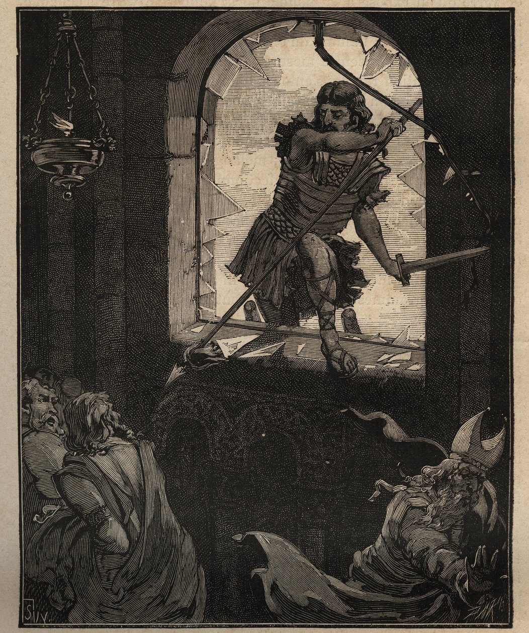 A arte do vidro: vitrais pintados. Os soldados de Theodoric quebram um vitral para entrar na igreja de Brioude (Haute Loire) em 521. Gravura de 1885 em "Les arts et metiers illustres" de Adolphe BITARD. de Unknown artist