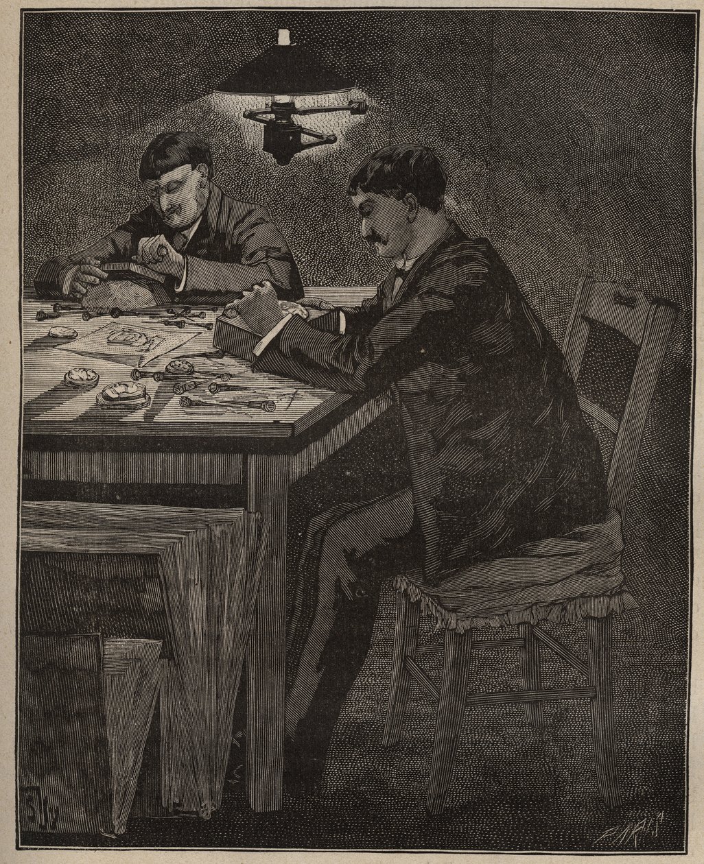 A arte do lapidário: gravação de carapaça de camee (camee-shell). Gravura de 1885 em "Les arts et metiers illustres" de Adolphe BITARD. de Unknown artist
