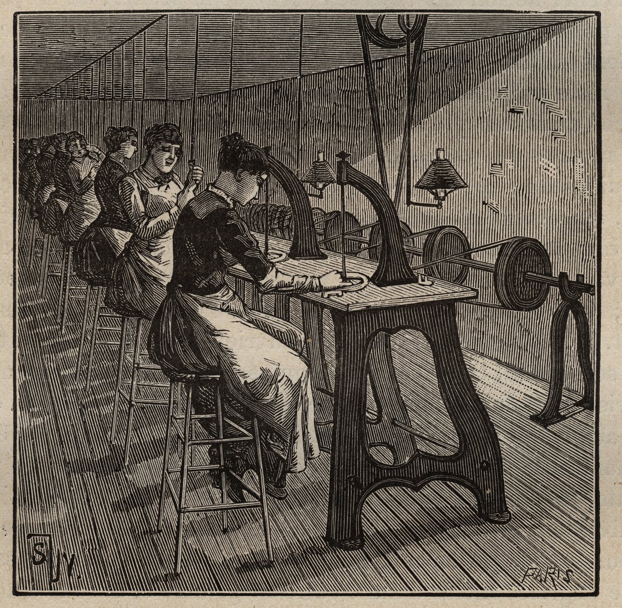 A arte do lapidário: facetar e polir o diamante. Gravura de 1885 em "Les arts et metiers illustres" de Adolphe BITARD. de Unknown artist