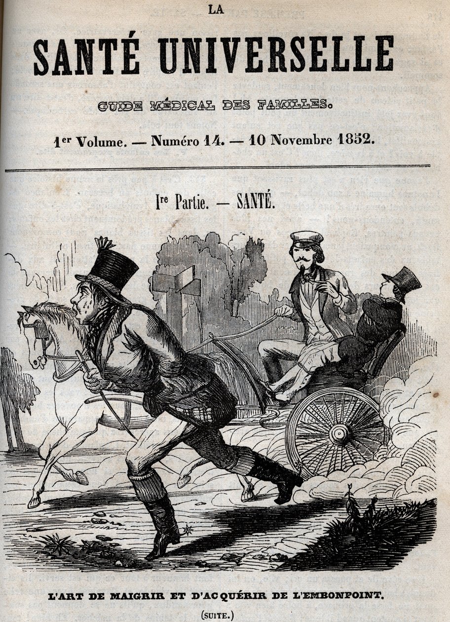 A arte de perder peso e ficar acima do peso: um homem caminha enquanto outro é transportado numa carruagem - gravação em "La Sante Universelle - Guide Medical des Familles" 1852 de Unknown artist