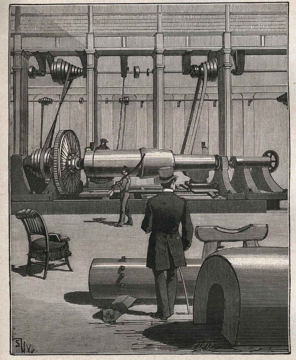 A arte do tour: disparar um canhão de monstros de aço. Gravura de 1885 em "Les arts et metiers illustres" de Adolphe BITARD. de Unknown artist