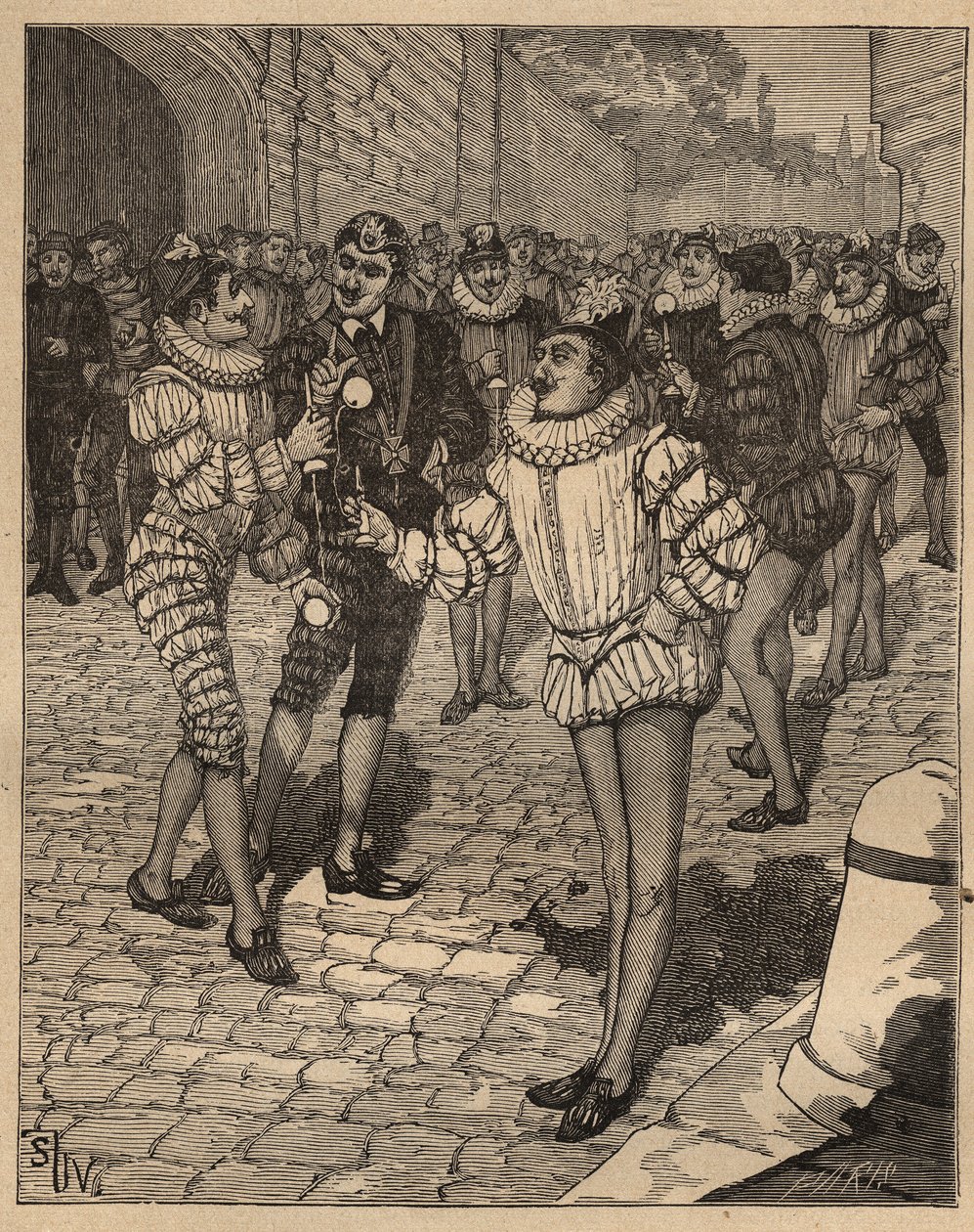 A arte de virar: a bola. O Rei Henrique III (1551-1589) e as suas gatinhas a jogar bilboquete na rua. Gravura de 1885 em "Les arts et metiers illustres" de Adolphe BITARD. de Unknown artist
