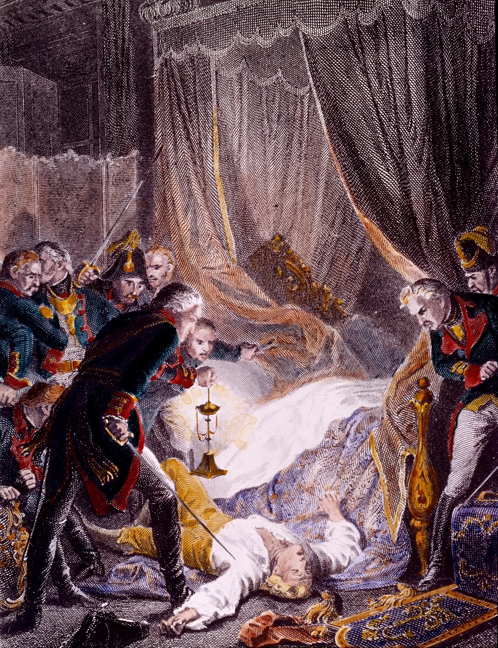 O assassinato de Paul I Petrovich (1754-1801), czar russo no seu quarto no Palácio de São Miguel, depois de ter sido forçado a assinar a sua abdicação. Gravado por volta de 1801. Coleção Privada de Unknown artist