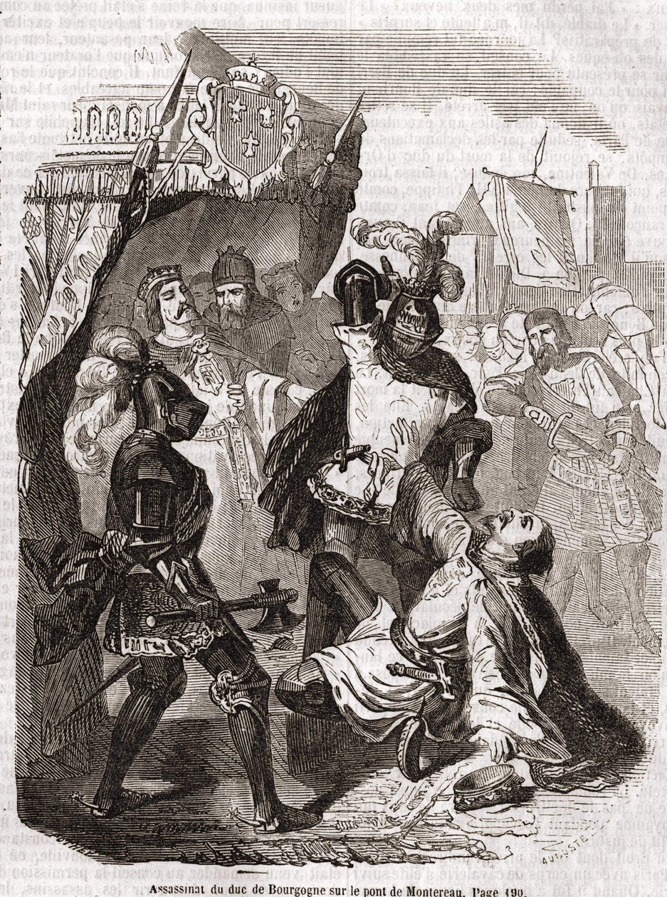 O assassinato do Duque de Borgonha (Jean sans peur) na ponte de Montereau - no "Histoire de France" de Anquetil, Paris de Unknown artist