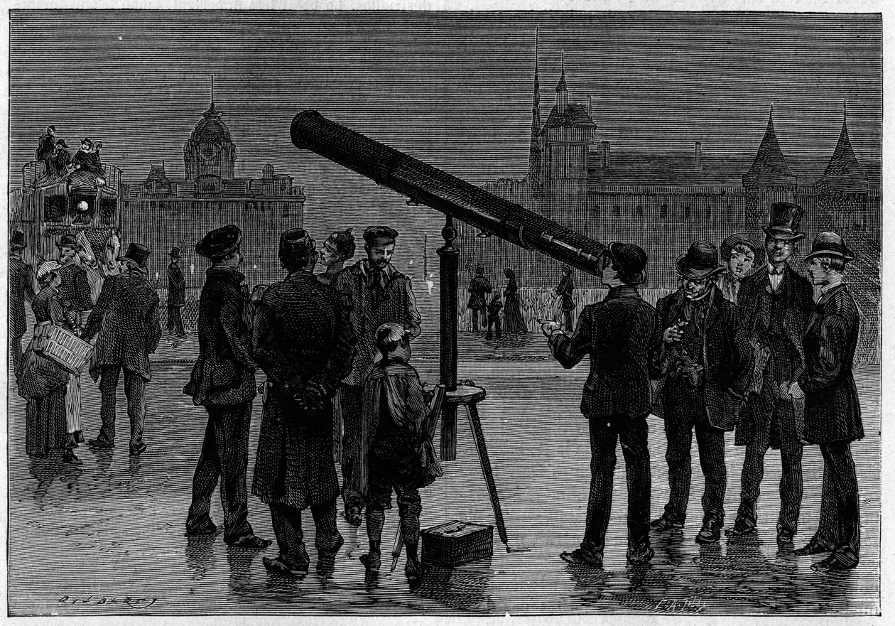 O astrônomo e sua luneta astronômica na Place du Chatelet, em Paris, na época das observações do planeta Vênus, em fevereiro de 1889. Gravura em "La Nature". Revue des sciences et de ses applications aux arts et a l