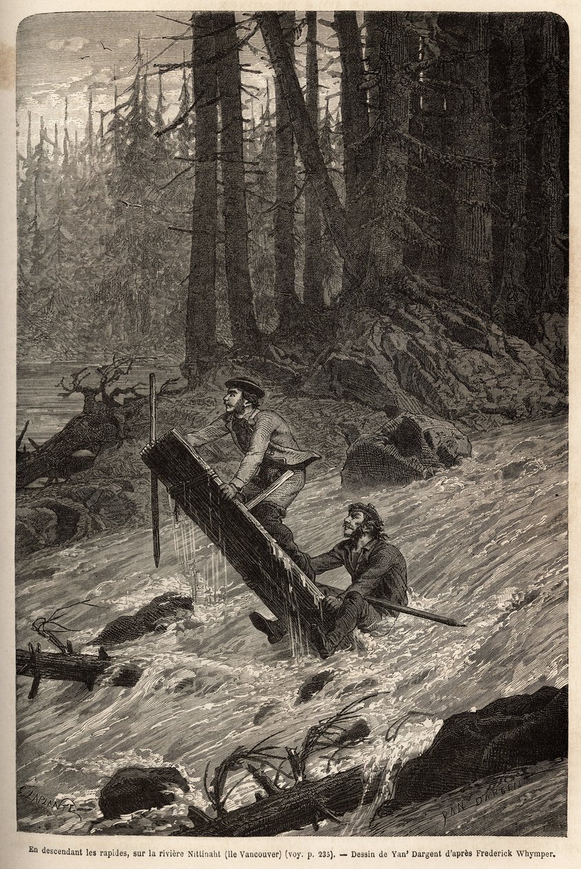 O autor e seu viajante, Mcdonald, descendo os rápidos do rio Nittinaht (Ilha Vancouver) em uma jangada improvisada. Gravura para ilustrar a viagem e as aventuras na Colômbia inglesa, Ilha Vancouver e Alasca, de Frederick Whymper de Unknown artist