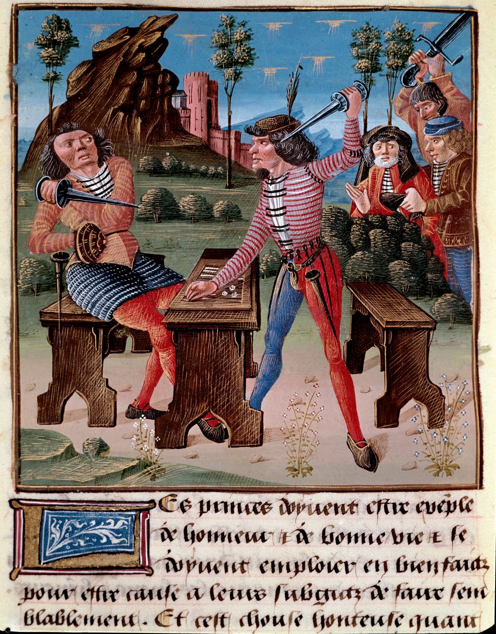 Os maus efeitos do jogo, o roubo e a luta. Dois jogadores ameaçados com suas armas Miniatura do "The Book of Good Moors" de Jacques o Grande (1360-1415/1418), dedicado a Jean Duke de Berry de Unknown artist