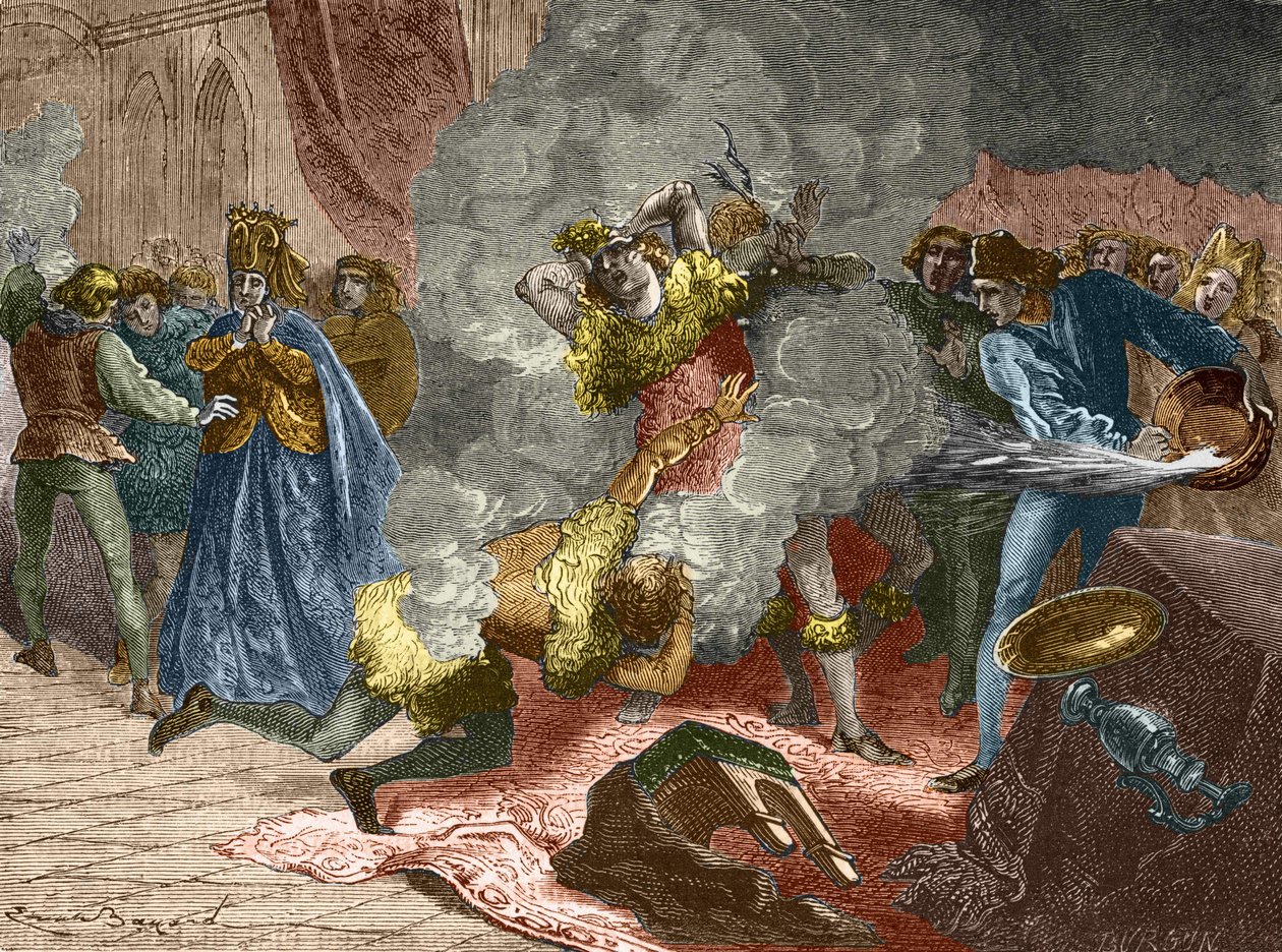A bola dos ardentes ou bola dos selvagens: por ocasião do casamento de uma senhora de Isabeau (Isabel, Isabel) da Baviera, em 28 de janeiro de 1393, o rei se disfarçou e se acorrentou a outros quatro cortesãos. O seu irmão, o Duque de Orlé de Unknown artist
