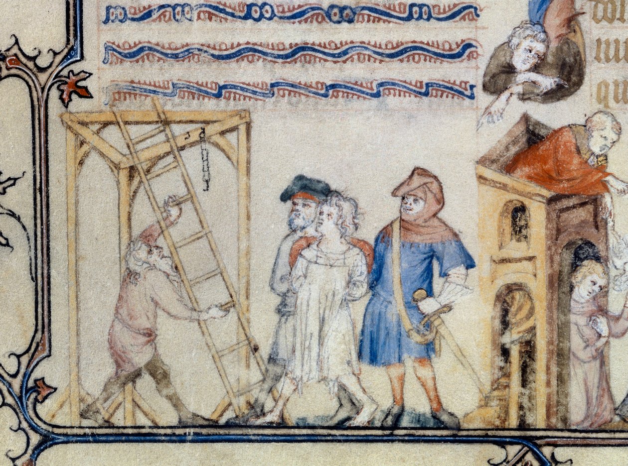 "A balada dos enforcados". Miniatura que ilustra o poema de François de Moncorbier dit Villon (1431/1432-1463). Século XV (miniatura) de Unknown artist