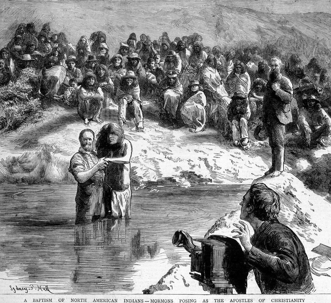 O batismo na América do Norte de um índio por um mórmon posando em frente à câmera como os apoters do Cristianismo. Ilustração do século XIX. de Unknown artist