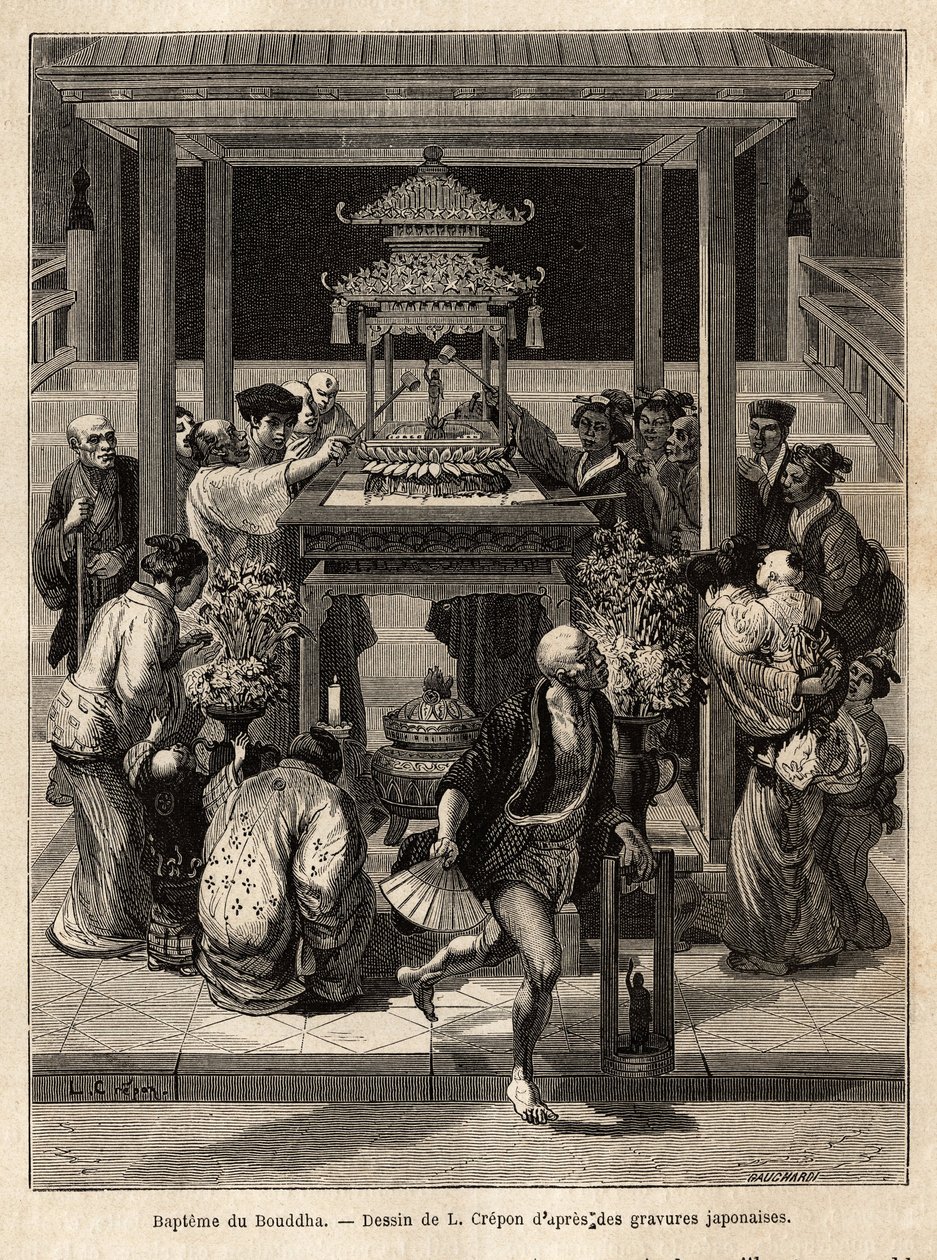 O batismo do Buda, festa anual que acontece no 8º dia do 4º mês, dedica a água da estátua de bronze de Buda exposta para a ocasião em frente aos templos. Gravura para ilustrar a viagem ao Japão, de Aime Humbert, min de Unknown artist