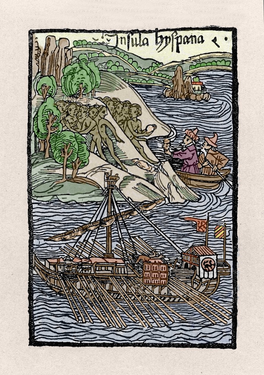 O latido na Hispaniola de Cristóvão Colombo (1451-1506). Gravura de "De insulis in mare Indico super inventis", Bale 1493-1494 (tradução latina do relatório de Colombo ao Rei de Espanha). de Unknown artist