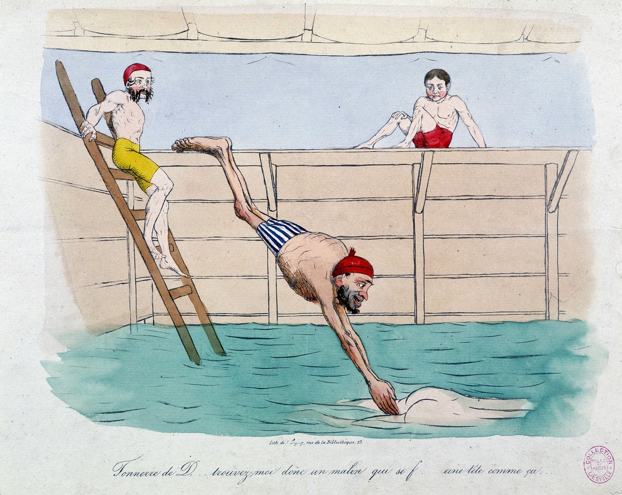 O banho: caricatura dos banhos públicos (piscinas) em Paris - século XIX, Carnavalet. de Unknown artist