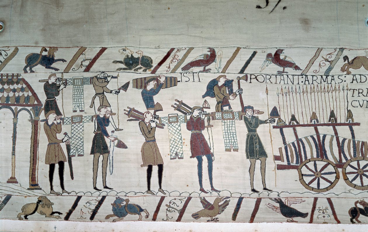 A batalha entre os infantaria ingleses (tropas de Harold) e os normandos a cavalo (tropas de Guillaume) - Tapeçaria Bayeux, conhecida como Bordado da Rainha Mathilde de Unknown artist